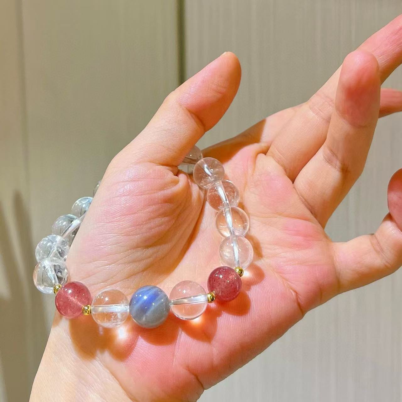 10mm Crystal Strand Bracelet with Pink & Gray Moonstone Beads